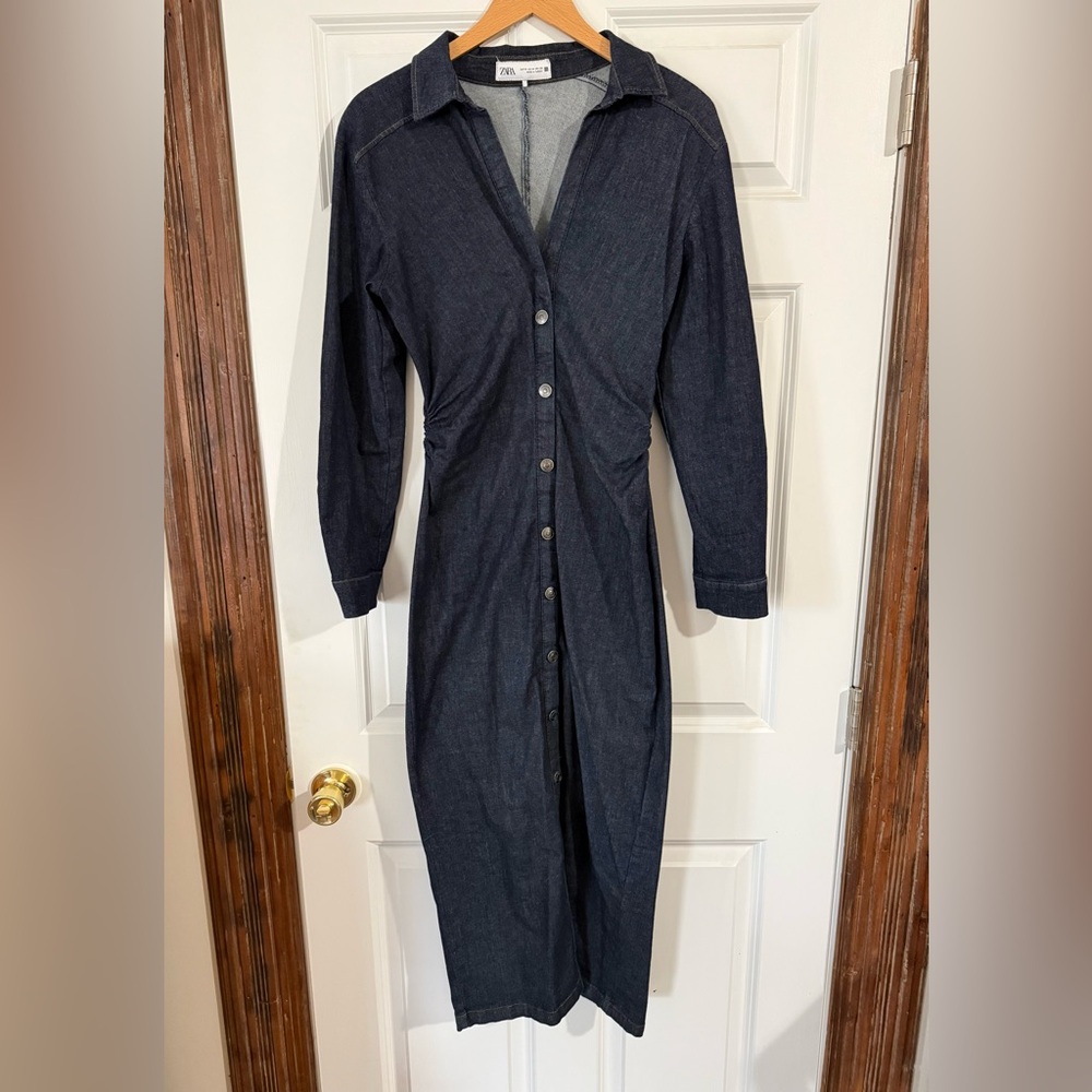 Zara Dark Blue Long Sleeve Button-Down Dress